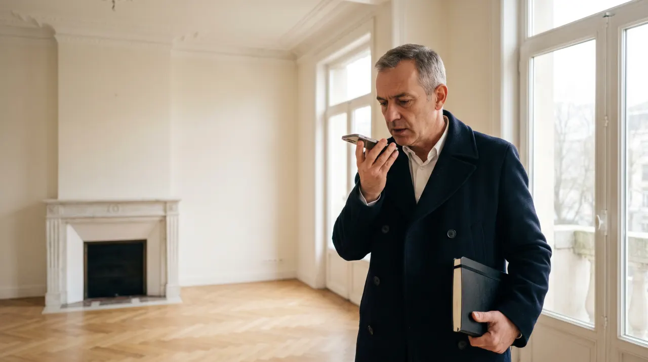 Un huissier de justice dicte un état des lieux sur son téléphone, dans un appartement vide au parquet en chevrons.