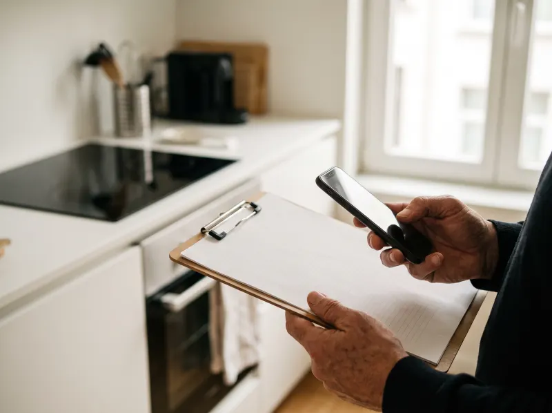 Mains tenant un téléphone et un porte-bloc, dans une cuisine équipée d'une taque vitrocéramique.