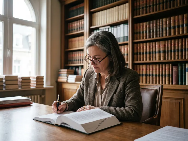 Une avocate relit un document, stylo en main, dans un cabinet aux murs couverts de livres.