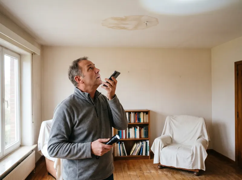 Un expert observe une tache d'humidité au plafond d'un salon et dicte ses constatations.