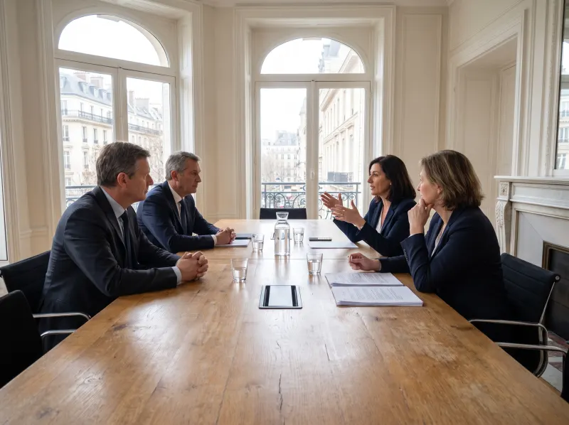 Quatre administrateurs en réunion autour d'une table en chêne.