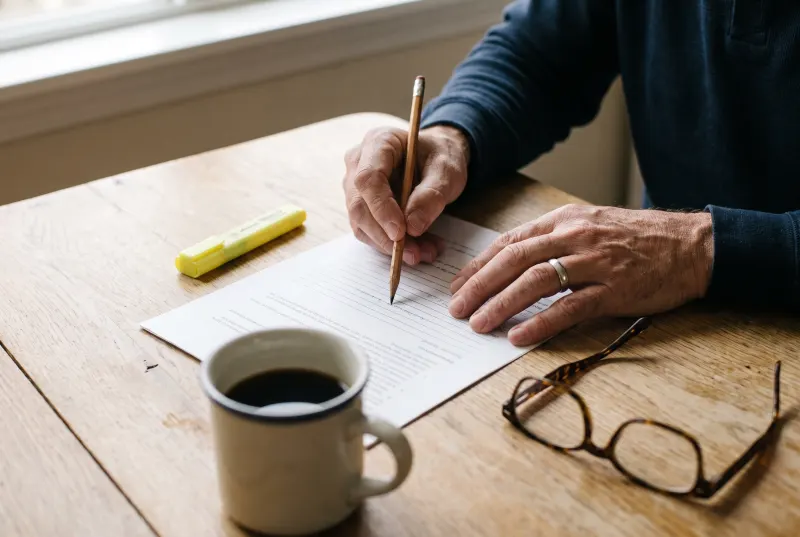 Mains qui relisent une page imprimée au crayon, un surligneur jaune posé à côté.