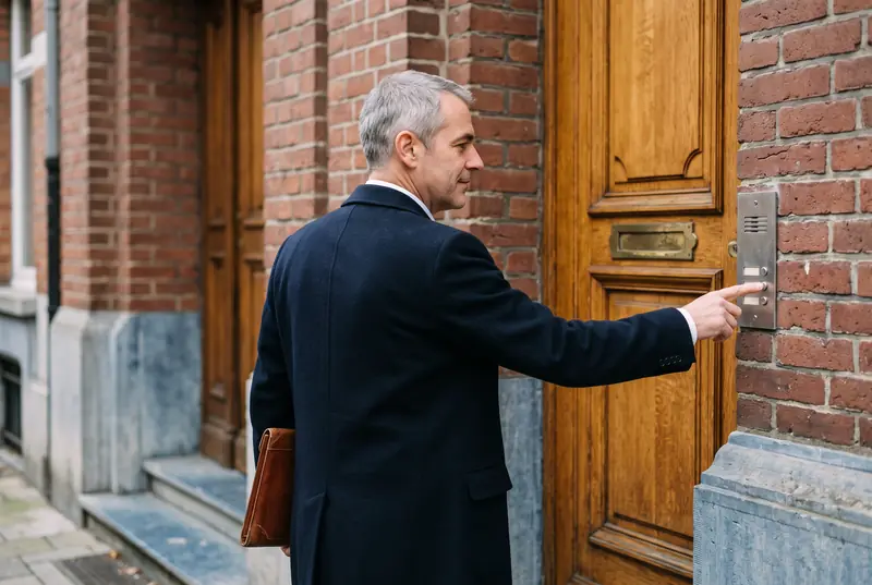 Un huissier de justice sonne au parlophone d'un immeuble bruxellois en briques, un dossier sous le bras.