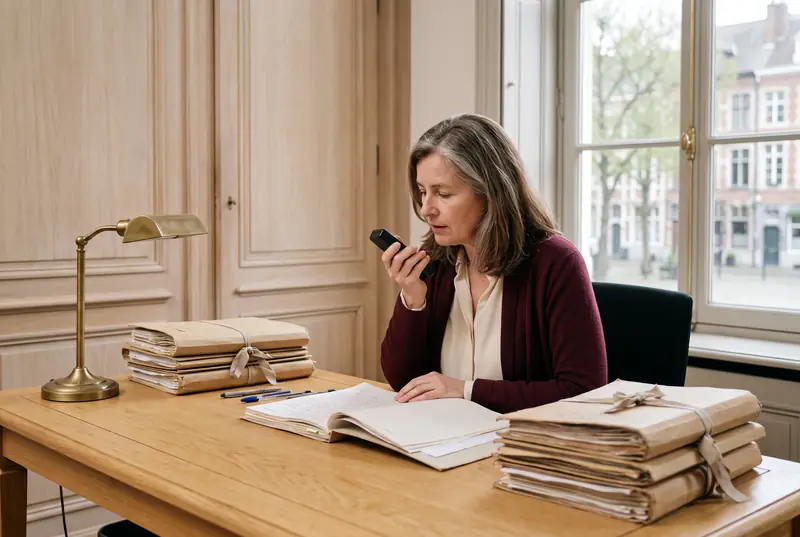 Une notaire dicte dans un dictaphone, à son bureau en chêne clair, devant des dossiers noués d'un ruban.