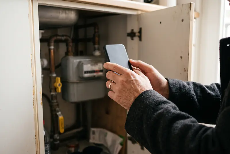 Mains qui tiennent un téléphone devant un compteur de gaz, dans un placard sous l'évier.