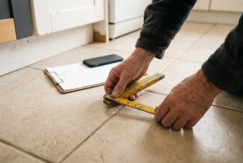 Mains qui mesurent l'éclat d'un carrelage de cuisine avec un mètre pliant jaune, un porte-bloc posé au sol.