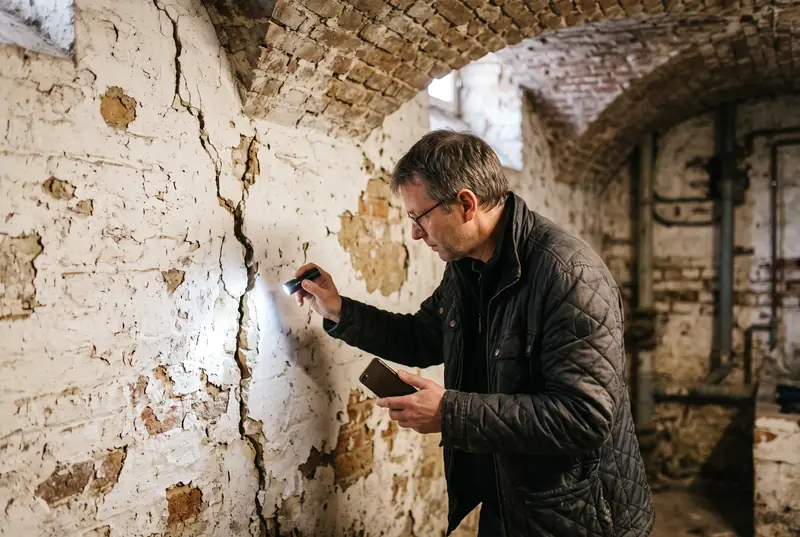Un expert éclaire à la lampe de poche une fissure dans le mur blanchi d'une cave voûtée en briques.