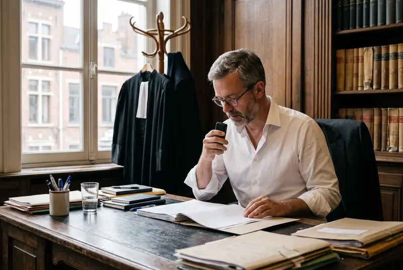 Un avocat dicte dans un dictaphone à son bureau, sa toge suspendue au portemanteau derrière lui.