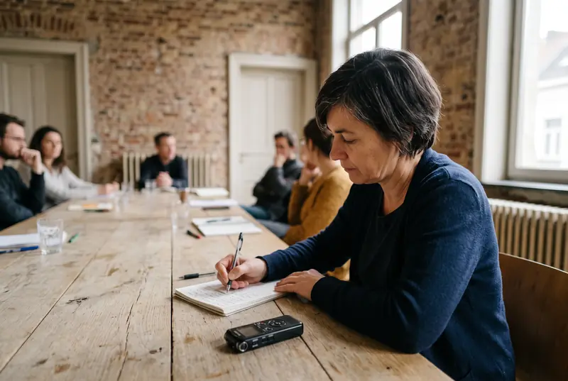 Une secrétaire de séance prend des notes pendant une assemblée de copropriétaires, un enregistreur posé sur la table.