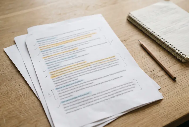 Pages de transcription imprimées, annotées au crayon et au surligneur, à côté d'un carnet.