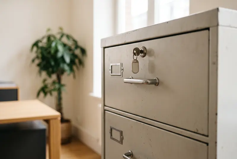 Une armoire à dossiers métallique fermée à clé, dans un bureau.