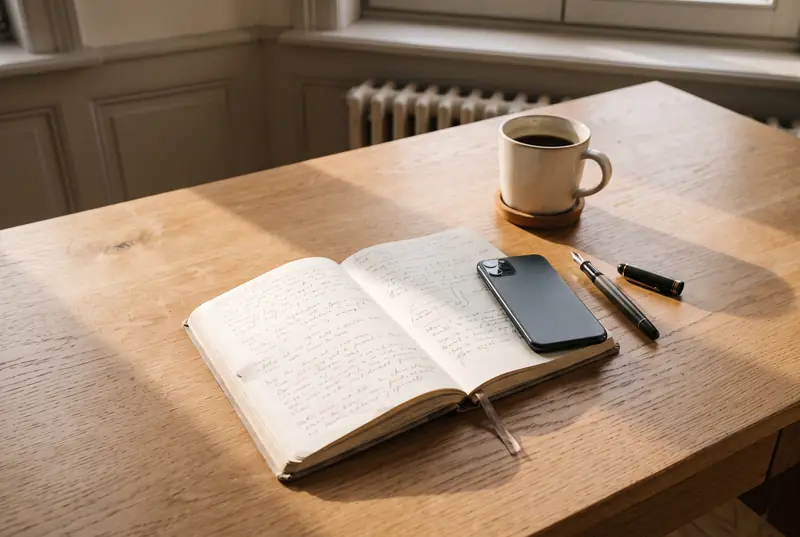Un agenda papier ouvert sur un bureau en chêne, un téléphone posé dessus, à côté d'une tasse de café.