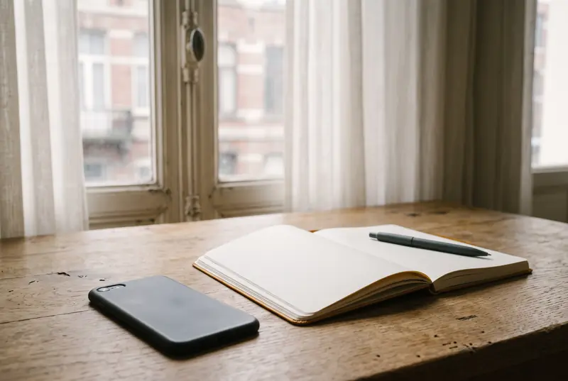 Un téléphone posé sur un bureau en chêne, à côté d'un carnet ouvert et d'un stylo.