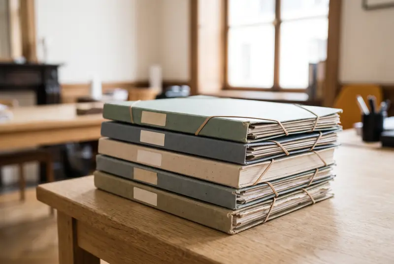 Une pile de dossiers en carton à élastiques, sur un bureau.